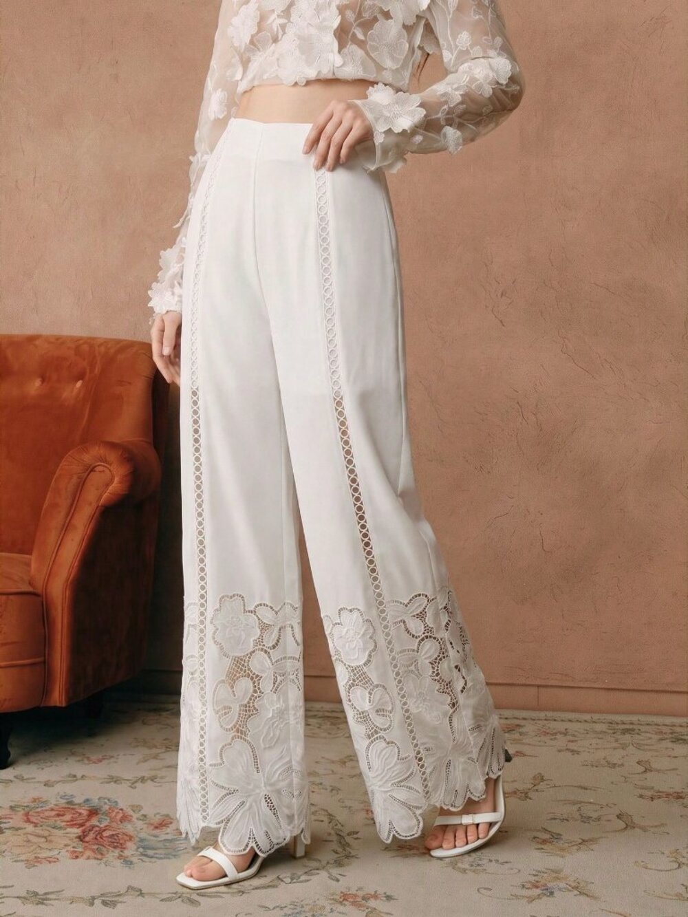 White Casual Women's High Waist Embroidery Patchwork Wide Leg Pants